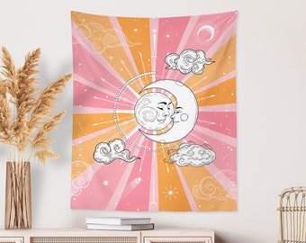 Sun And Moon Wall Art Tapestry, 70s Retro Wall Hanging, Psychedelic Art Tapestry, Vintage Wall Decor, Trippy Hippie Tapestry, Gift For Her