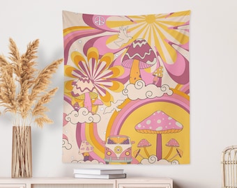 May include: A psychedelic tapestry featuring a pink and yellow color scheme with a vintage van, mushrooms, and clouds. The tapestry has a retro 1970s vibe.