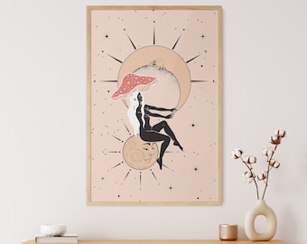Affiche d’art du soleil et de la lune, impression d’art psychédélique, décor mural hippie tripppy, impression groovy des années 70, tenture murale de femme champignon, art rétro coloré