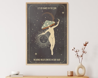 Affiche d’art champignon, Art du soleil et de la lune, Impression psychédélique, Affiche d’art groovy Moon, Art mural rétro des années 70, Art rétro des années 60, Impression hippie Girl