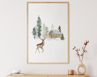 Winter Wonderland Print, Winter Forest Print, Farmhouse Christmas Decor, Holiday Wall Art, Christmas Trees Print, Winter Deer Wall Art