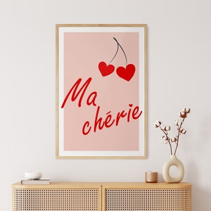 Ma Cherie Wall Art Poster, Pink Red Poster, Cherry Print, French Quote Printable Art, Aesthetic Wall Hanging, Psychedelic Art, Funky Art