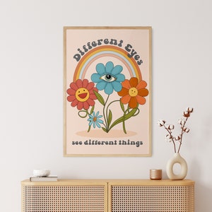 Póster de arte retro psicodélico, Arte de patrón floral físico, Arte hippie de los años 70, Póster de flores colorido, Impresión de arte de los años 60, Arte de pared de Flower Child