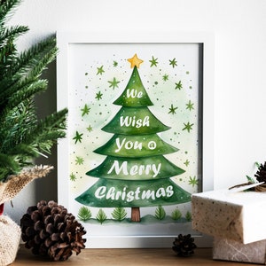 Merry Christmas Poster, Pine Tree Print, Evergreen Trees Art, Vintage Christmas Tree Print, Holiday Decor, Seasonal Decor, Winter Wall Art