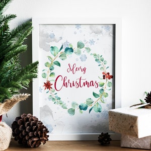 Christmas Wreath Print, Merry Christmas Art Poster, Holiday Decor, Seasonal Decor, Antique Christmas Print, Winter Wall Art, Gift For Home