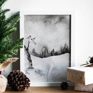 Impresión rústica de arte nevado, cartel del bosque de invierno, arte minimalista de la pared de Navidad, decoración navideña neutra, impresión de paisaje, cartel de árboles de Navidad