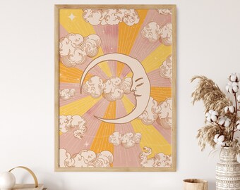 Sun And Moon Print, Celestial Wall Decor, 70s Wall Art, Vintage Wall Hanging, Colorful Retro Art Poster, Cloud Wall Art, Psychedelic Poster