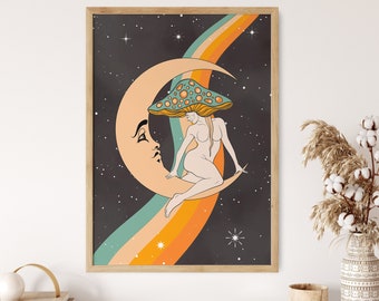 Sun Art Print, Mushroom Woman Wall Decor, Retro Wall Hanging, 70s Colorful Art Poster, Hippie Art Poster, Cosmic Art Print, Psychedelic Art
