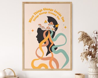 Impression d’art mural des années 70, affiche de champignon magique, art mural groovy, impression hippie psychédélique, art vintage, affiche rétro colorée, art de méditation