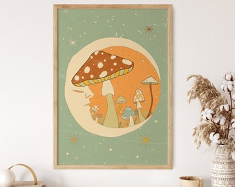 Mushroom Wall Art, 70s Retro Art, Moon Wall Art, Groovy Print, 60s Hippie Wall Art, Vintage Poster, Psychedelic Art Print, Flower Child Art