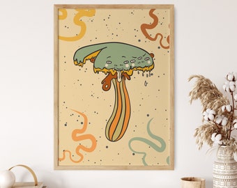 Mushroom Wall Art Print, Groovy Art Poster, 70s Wall Art, Magic Mushroom Art, Retro Art Wall Hanging, Trippy Hippie Poster, Psychedelic Art