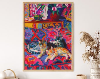 May include: A painting depicting three cats napping on a colourful patterned sofa. The cats are a black and white cat, a tortoiseshell cat, and an orange tabby cat. The sofa is covered in a vibrant pink, blue, and green floral design.