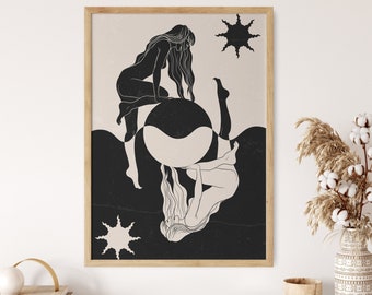 Black and White Wall Art Print, Retro Wall Hanging, Spiritual Wall Art, 70s Wall Art, Psychedelic Print, Celestil Poster, Moon Goddess Art
