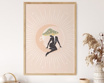 Mushroom Woman Art Print, Décor mural psychédélique, Tenture murale de dortoir des années 70, Art vintage trippy, Décor Hippie Groovy, Affiche d’art du soleil et de la lune