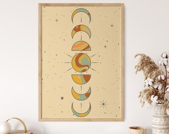 May include: A beige poster with a brown wooden frame features a stylized illustration of a moon in various phases. The moon is depicted in shades of yellow, orange, brown, and green. The background is a light beige with a scattered pattern of small white stars.