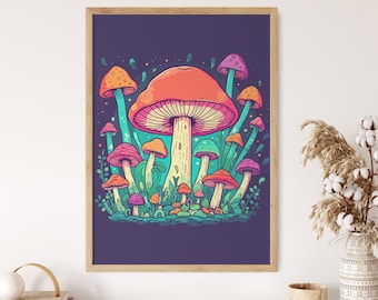 Impression d'art mural champignon psychédélique, tenture murale hippie, art mural rétro des années 70, décoration murale vintage, affiche d'art groovy, art champignon magique