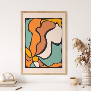 Impresión de arte de pared de los años 70, póster retro abstracto, arte de pared imprimible, arte imprimible boho, arte minimalista orgánico, impresión botánica colorida