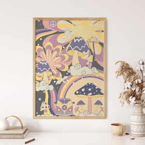 Mushroom Groovy Art Poster, Trippy Hippie Art Print, 70s Retro Wall Hanging, Vintage Wall Decor, Psychedelic Art Print, Colorful Art