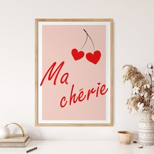 Ma Cherie Wall Art Print, French Quote Printable Wall Art, Cherry Print, Pink Red Poster, Aesthetic Wall Hanging, Psychedelic Art, Funky Art
