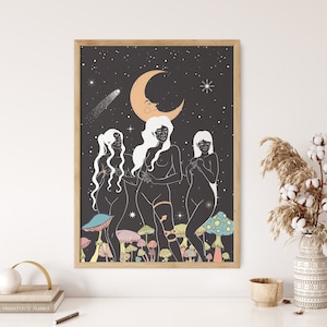 Impresión de arte psicodélico, cartel de la diosa de la luna, decoración de arte de la pared de los años 70, colgante de pared hippie, cartel de arte de la luna, impresión de Groovy y hongos, arte cósmico