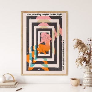 Impresión de arte de meditación, decoración de pared espiritual, arte de pared retro de los años 70, cartel vintage, decoración psicodélica, cartel cósmico, arte gadiente, impresión de aura