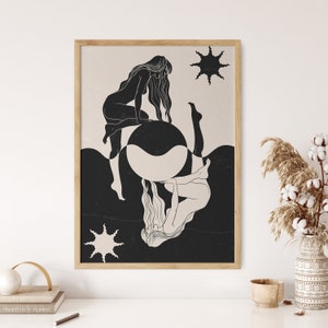 Impresión de arte de pared en blanco y negro, colgante de pared retro, arte de pared espiritual, arte de pared de los años 70, impresión psicodélica, cartel de Celestil, arte de la diosa de la luna