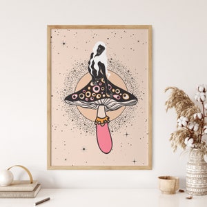 Cartel de arte de la mujer hongo, impresión hippie trippy, colgante de pared groovy, póster de chica hippie, decoración de pared psicodélica, impresión de arte de pared retro de los años 70