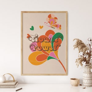 Flower Power Wall Art Print, Póster de arte de los años 70, Impresión de arte de Flower Child, Póster hippie colorido, Arte de pared con patrón floral, Impresión de arte psicodélico