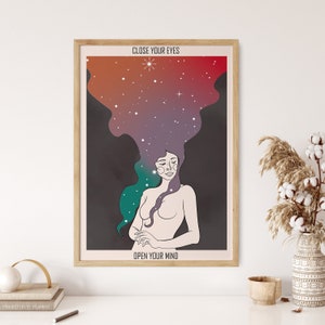 Cartel de arte de meditación, impresión de arte del universo colorido, arte de pared espiritual, arte de pared de los años 70, impresión de arte psicodélico, colgante de pared cósmica