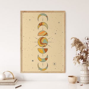 Impresión de arte de pared de fases lunares, cartel retro de los años 70, colgante de pared de arte de estrella, arte de pared digital para dormitorio, cartel de arte de sol y luna, decoración de pared vintage