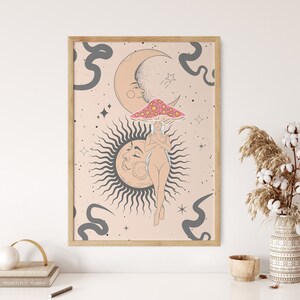 Mushroom Woman Wall Art Print, Sun And Moon Art Poster, Mushroom Groovy Wall Decor, 70s Hippie Wall Hanging, Psychedelic Trippy Retro Art