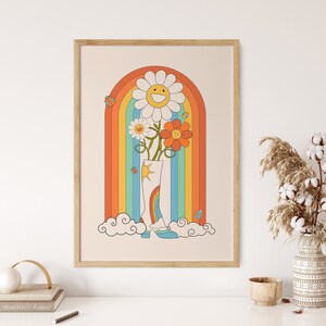 Retro Colorful Rainbow Art Print, 70s Groovy Poster, Flower Power Art Decor, Flower Child Wall Hanging, Trippy Hippie Wall Art Print