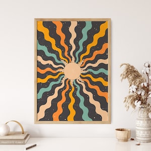 Arte retro del sol y la luna, impresión de arte de pared de los años 70, impresión de pared de niño de flores, cartel psicodélico, decoración de pared de moda, cartel hippie colorido