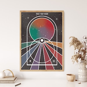 Impresión de arte psicodélico, decoración de pared de meditación, cartel de arte arco iris, decoración de pared espiritual, arte de pared de los años 70, colgante de pared cósmica, arte de la conciencia