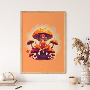 Mushroom Groovy Wall Art Print, cartel de arte de meditación, colgante de pared retro de los años 70, decoración de pared hippie psicodélica, cartel de arte de mujer hippie