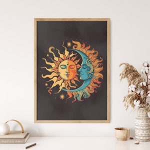 Cartel de arte de pared de sol y luna, decoración de arte de pared cósmica, cartel de arte celestial, colgante de pared vintage, impresión de arte psicodélico, arte digital de los años 70