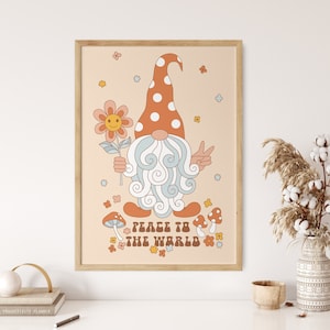 Peace Wall Art Poster, 70s Wall Art, Mushroom Poster, Peace To The World Art, Flower Child Poster, Hippie Wall Hanging, Dwarf Art Poster