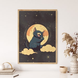 Impresión de arte de pared de sol y luna, cartel de arte de gato, colgante de pared retro de los años 70, impresión de arte de pared cósmica, decoración de pared de gato psicodélico, cartel de arte del universo