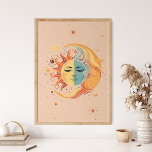 Cartel de arte de pared de sol y luna, decoración de pared groovy de los años 70, colgante de pared retro, impresión de arte hippie, cartel de arte psicodélico, impresión de arte de sol vintage