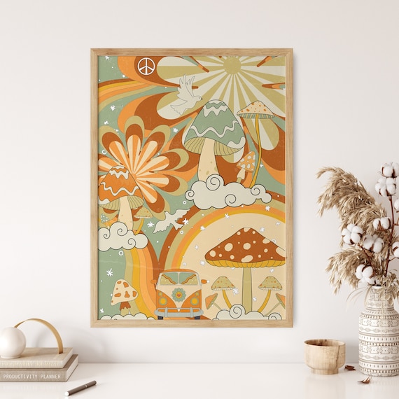 70s Wall Art Print, Groovy Wall Print, Magic Mushroom Art, Retro