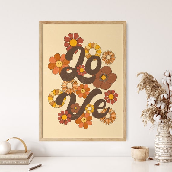 70s Wall Art, Retro Colorful Art Print, Flower Child Hippie Art