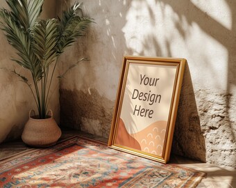 Mockup de pôster 4x5, moldura de parede rústica em PSD, modelo de decoração boho com luz natural, mockup vertical editável para impressões digitais no Etsy