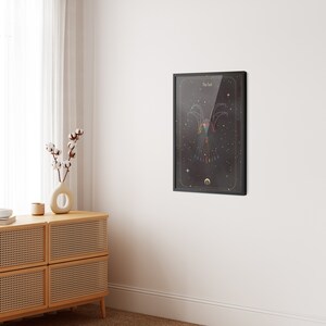 May include: A black framed print with a dark background and a colorful geometric design of a bird with the text "The Fool" at the top.