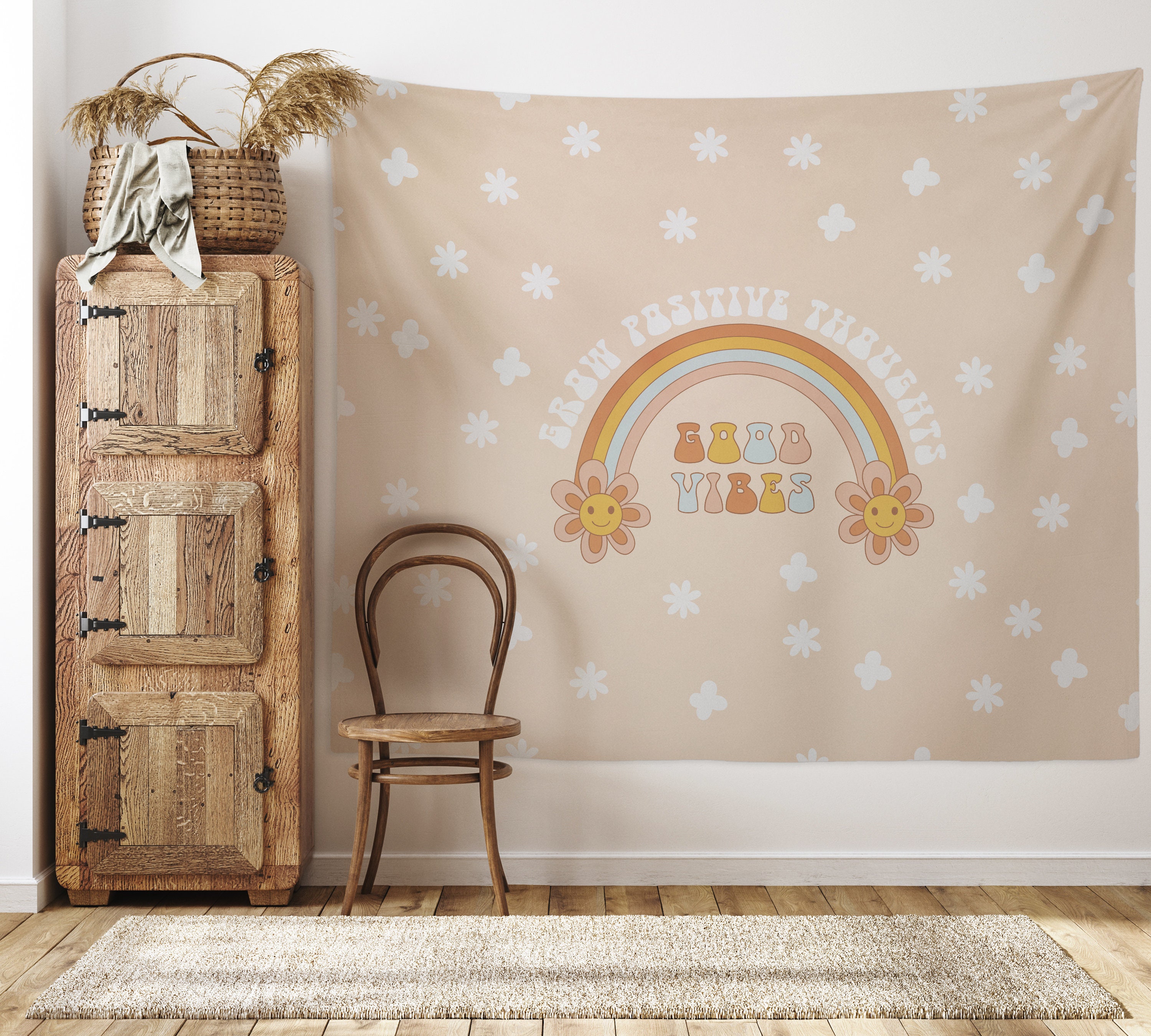 Ine Ive Arazzo Parete Groovy 152x102 Cm - Funghi Margherite Arcobaleno, Stile Hippie Bohémien Anni 60-70