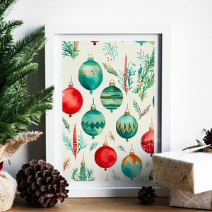 Christmas Ornaments Poster, Watercolor Christmas Art, Winter Wall Decor, Seasonal Decor Poster, Holiday Wall Hanging, Vintage Christmas Art