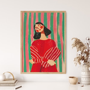 Feminine Wandkunst, Bunt Portrait Druck, Frau Poster, Psychedelische Wandkunst, Retro Kunstdruck, Rotes und Grünes Dekor, Abstraktes Weibliches Poster