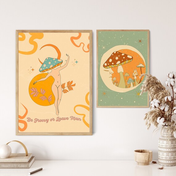 70s Set of 2 Wall Art Posters, Groovy Art Print, Mushroom Art