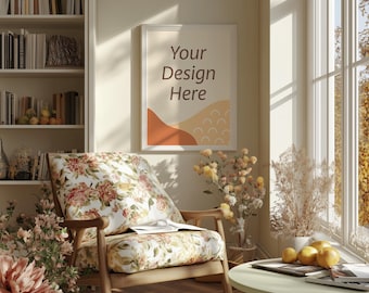 Pode incluir: Uma poltrona floral com um padrão floral branco e marrom está em uma sala de estar ensolarada com um pôster emoldurado que diz "Your Design Here" e uma mesa pequena com um vaso de flores secas e uma pilha de livros.