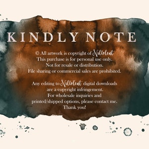 K&ouml;nnte beinhalten: Ein Aquarellbild mit braunem und gr&uuml;nem Hintergrund. Der Text "KINDLY NOTE" ist oben im Bild in Wei&szlig; geschrieben. Der Text darunter besagt, dass alle Kunstwerke urheberrechtlich gesch&uuml;tzt sind von Nillolent und dass dieser Kauf nur f&uuml;r den pers&ouml;nlichen Gebrauch bestimmt ist. Au&szlig;erdem wird darauf hingewiesen, dass das Teilen von Dateien oder kommerzielle Verk&auml;ufe verboten sind.