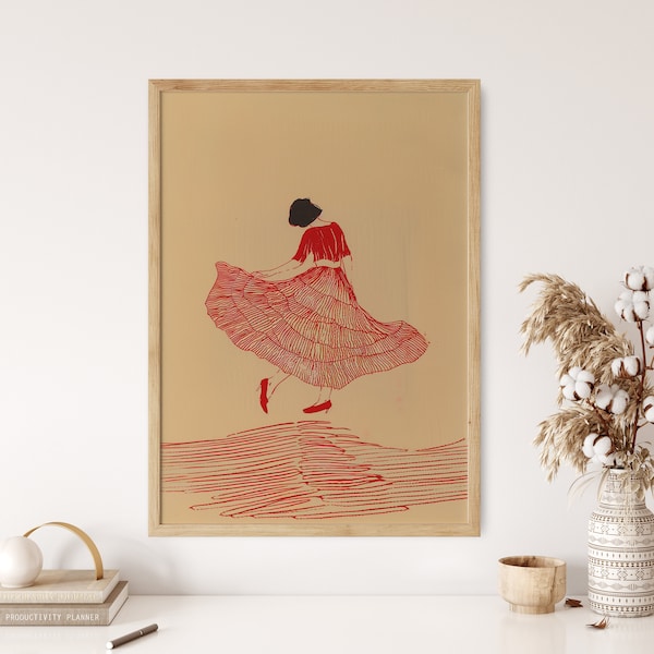 Dancing Woman Print, Red Line Art, Minimalist Poster, Feminine Wall Decor, Vintage Style Drawing, Retro Fashion Print, Graceful Dance Art